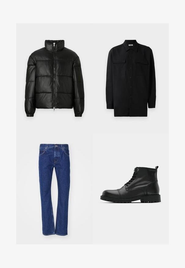 Juodas pūkinis švarkas su aukštu apykakle, užtrauktuko priekyje, siuvinėtu dizainu, elastingais rankogaliais ir blizgia, lygiąja audinio apdaila.; Juodas marškinis su mygtukais, pagamintas iš lygaus audinio, turi klasikinius apykaklės, du priekiniai kišeniai ir ilgus rankovės su mygtukais.; Mėlyni džinsai su tiesiu kirpimu, turintys priekinę kišenę, užsegimą mygtuku ir subtilias siuvimo detales.; Juodos odinės aulinės batai iki kulkšnies su apvaliu pirštu, raišteliais, kontrastingais pilkais akinių užsegimais ir tvirtu guma padu. Sklandus paviršius su minimaliais akcentais.