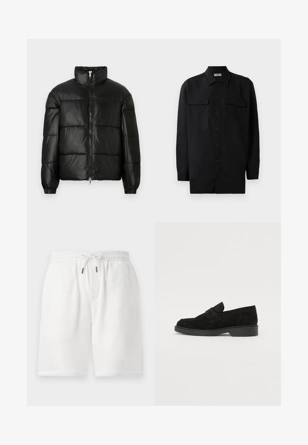 Black puffer jacket with a high collar, zip front closure, quilted design, elastic cuffs, and shiny, smooth fabric finish.; Black button-up shirt made of smooth fabric, featuring a classic collar, two front pockets, and long sleeves with button cuffs.; White, textured shorts with an elastic waistband, drawstring closure, side pockets, and a relaxed fit. Suitable for casual wear.; Black suede loafers with a low heel, featuring a simple band across the upper and textured detailing along the sides.