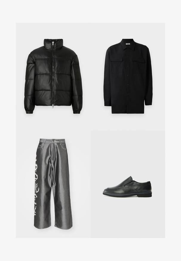 Black puffer jacket with a high collar, zip front closure, quilted design, elastic cuffs, and shiny, smooth fabric finish.; Black button-up shirt made of smooth fabric, featuring a classic collar, two front pockets, and long sleeves with button cuffs.; Jaded London CURRENCY SHINY COLOSSUS - Loose Jeans - silver; Black leather slip-on shoe with a smooth upper, stitched accents, rounded toe, and a low rubber heel. Sole features minimal tread.