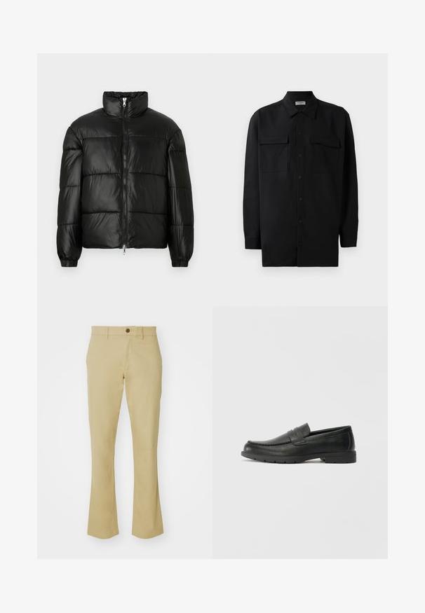 Doudoune noire avec un col montant, fermeture éclair sur le devant, design matelassé, poignets élastiques et finition en tissu lisse et brillant.; Chemise noire à manches longues en tissu lisse, dotée d'un col classique, de deux poches devant et de poignets à boutons.; Pantalons évasés beiges en tissu mélangé coton avec une texture lisse, présentant un bouton à l'avant à la taille et des poches.; Mocassins en cuir noir avec une finition lisse, tige de style moccasin, détails cousus et semelle en caoutchouc. Design classique avec un talon bas.