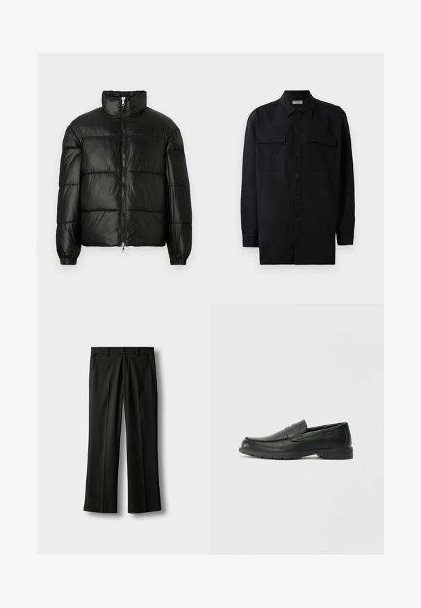 Čierna páperová bunda s vysokým golierom, predným zipsom, prešívaným dizajnom, elastickými manžetami a lesklým hladkým materiálom.; Čierna košeľa na gombíky vyrobená z hladkej tkaniny, so klasickým golierom, dvoma prednými vreckami a dlhými rukávmi s gombíkovými manžetami.; Čierne nohavice na mieru s pútkami na opasok, predným zapínaním na gombík a zips, bočnými vreckami a záhybmi pozdĺž nôh na svetlom pozadí.; Čierne kožené mokasíny s hladkým povrchom, vrchnou časťou v štýle mokasín, prešitým detailom a gumovou podrážkou. Klasický dizajn s nízkym podpätkom.