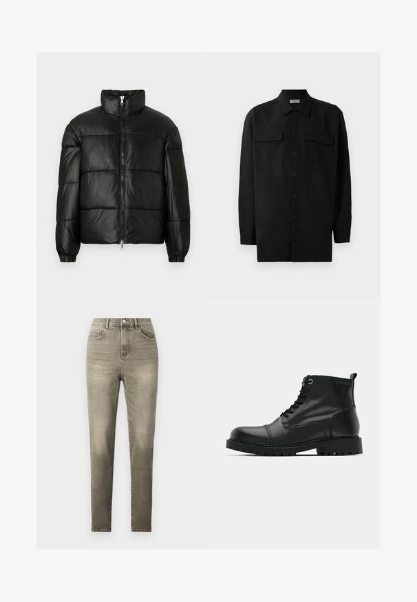 Fekete puffernadrág magas gallérral, cipzáras elülső záródással, steppelt kialakítással, elasztikus mandzsettákkal és fényes, sima szövetfelülettel.; Fekete gombos ing, sima anyagból készült, klasszikus gallérral, két elülső zsebbel és hosszú ujjakkal, amelyek gombos mandzsettával záródnak.; Szürke, magas derekú farmernadrág, gombos záródással, öt zsebbel és keskeny fazonnal, finom kopással.; Fekete bőr bokacsizma kerek orral, fűzős kivitelben, kontrasztos szürke fűzőlyukakkal és strapabíró gumitalppal. Simább textúrával és minimális díszítéssel.