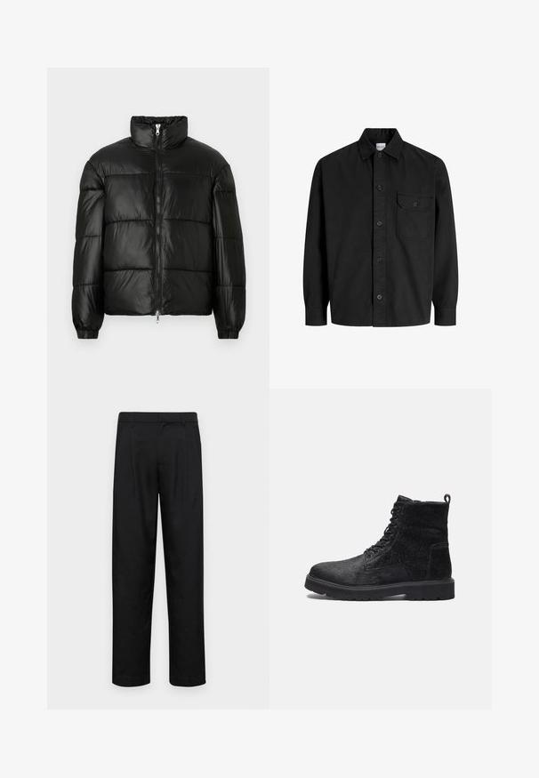 Black puffer jacket with a high collar, zip front closure, quilted design, elastic cuffs, and shiny, smooth fabric finish.; Black long-sleeve button-up shirt with collar and single chest pocket featuring a buttoned flap.; Black trousers made of smooth fabric, featuring a straight-leg design, two front pleats, and standard waistband with belt loops.; Black ankle boots with a textured upper, featuring lace-up front, sturdy rubber sole, and a pull tab at the back for easy wear.