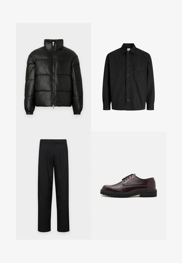 Giacca a vento nera con colletto alto, chiusura frontale con zip, design trapuntato, polsini elasticizzati e finitura in tessuto lucido e liscio.; Camicia nera a maniche lunghe con bottoni, colletto e una tasca sul petto con patella chiusa da un bottone.; Pantaloni neri realizzati in tessuto liscio, caratterizzati da un taglio dritto, due pieghe frontali e una vita standard con passanti per la cintura.; Scarpe eleganti in pelle bordeaux con finitura liscia, design allacciato, colletto imbottito e suola in gomma nera testurizzata per aderenza e durata.