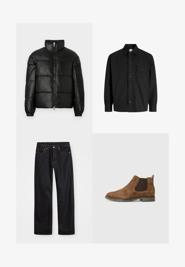 Czarna kurtka puchowa z wysokim kołnierzem, zapięciem na zamek błyskawiczny z przodu, pikowanym wzorem, elastycznymi mankietami oraz błyszczącym, gładkim wykończeniem materiału.; Czarna, długosleeve'owa koszula zapinana na guziki z kołnierzykiem i jedną kieszenią na piersi z klapką zapinaną na guzik.; Męskie jeansy w prostym kroju, czarne, z pięcioma kieszeniami oraz pomarańczowymi strefami, z zapięciem na guzik i zamek z przodu w pasie.; Brązowe zamszowe botki Chelsea z elastycznymi panelami bocznymi, pętelką i teksturowaną gumową podeszwą z rowkami zapewniającymi przyczepność.