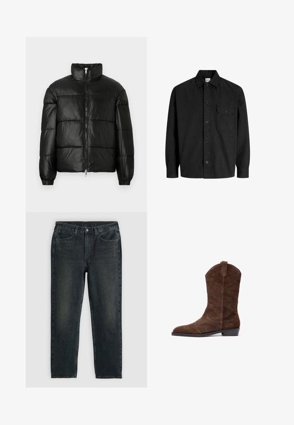Svart pufferjakke med høy krage, glidelås foran, quiltet design, elastiske mansjetter og blank, glatt stofffinish.; Svart langermet skjorte med knapper, krage og en enkelt brystlomme med en knappelukking på klaffen.; Mørkeblå denimjeans med rette ben, med fem lommer, glidelås og kontraststing. Subtil fading på stoffet.; Brune mockasin cowboy-støvler med spiss tå, preget sømdetaljer og lav stabelhælt. Har sideløkker for enkel påføring.