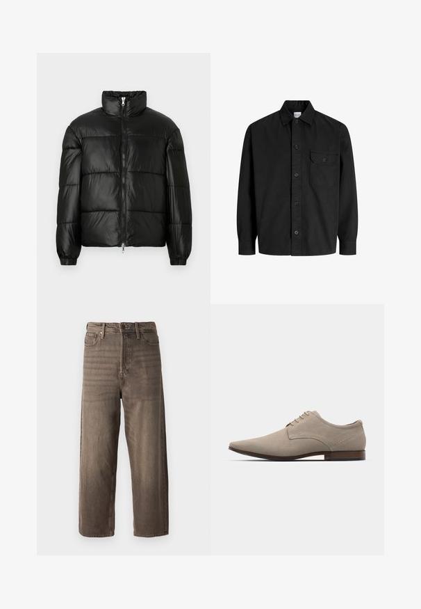 Czarna kurtka puchowa z wysokim kołnierzem, zapięciem na zamek błyskawiczny z przodu, pikowanym wzorem, elastycznymi mankietami oraz błyszczącym, gładkim wykończeniem materiału.; Czarna, długosleeve'owa koszula zapinana na guziki z kołnierzykiem i jedną kieszenią na piersi z klapką zapinaną na guzik.; Czekoladowe dżinsy o szerokich nogawkach wykonane z denimu. Posiadają zamek błyskawiczny, szlufki na pasek oraz pięć kieszeni. Tkanka ma wyblakły, teksturowany wygląd.; Beżowe sznurowane buty wykonane z miękkiego zamszu, z ostrym noskiem, minimalnym przeszyciem i drewnianym obcasem. Gładka faktura i prosty design.