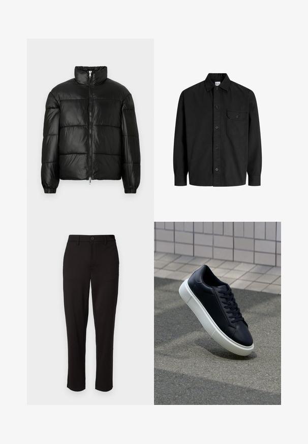 Juodas pūkinis švarkas su aukštu apykakle, užtrauktuko priekyje, siuvinėtu dizainu, elastingais rankogaliais ir blizgia, lygiąja audinio apdaila.; Juodas ilgarankovis marškiniai su apykakle ir viena krūtinės kišenė su mygtukiniu dangteliu.; Juodi kelnių šviesaus audinio, tiesaus kirpimo, su priekyje esančia mygtuko uždarymo sistema, diržo kilpomis ir šoninėmis kišenėmis.; Juodas odinis sportbačius su apvaliu pirštu ir baltu gumuotu padu. Turi plokščias raišteles ir minimalų siuvimą viršuje. Padangos tekstūra užtikrina sukibimą.