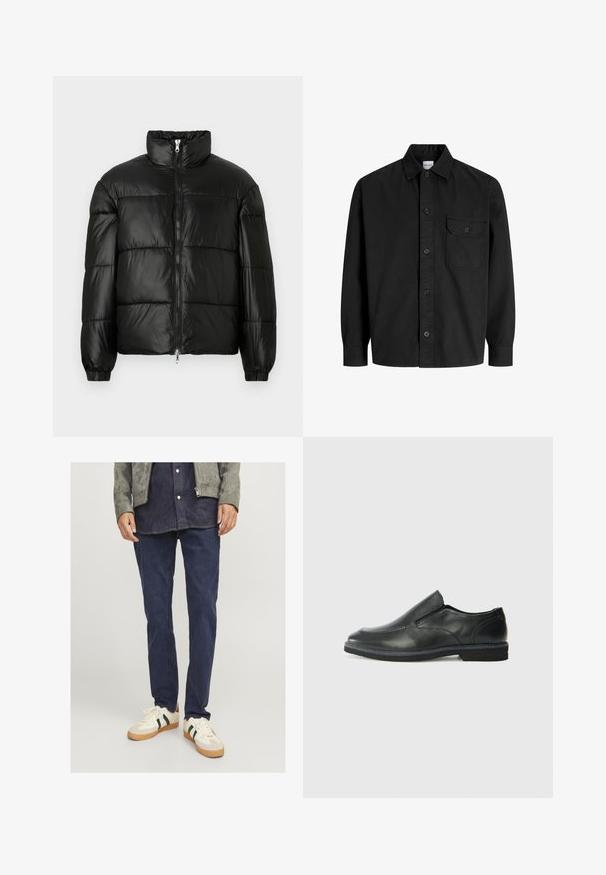 Černá péřová bunda s vysokým límcem, zapínáním na zip, prošívaným designem, elastickými manžetami a lesklým, hladkým povrchem.; Černá košile s dlouhým rukávem a knoflíkovým zapínáním, s límečkem a jednou náprsní kapsou, která má knoflíkový klapku.; Tmavě modré denimové džíny rovného střihu, spárované se šedou semišovou bundou a bílými teniskami s zelenými a červenými pruhy.; Černá kožená nazouvací bota s hladkým svrškem, prošívanými detaily, zaoblenou špičkou a nízkým gumovým podpatkem. Podešev má minimální vzorek.