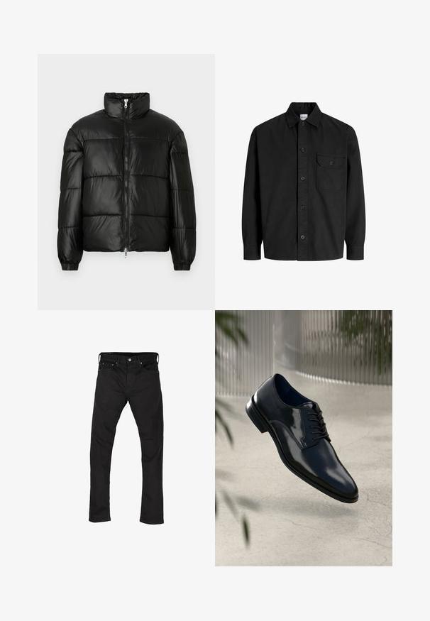 Must mustaga jakker, millel on kõrge krae, luku esikinnitus, tikanditud disain, elastsed mansetid ja läikiv, sile kangast viimistlus.; Must mustaheline nööbiga särgid, millel on krae ja üks rinna tasku, millel on nööbiga klapp.; Mustad mustad džinsid, millel on esikotid, vööd, ja nööbiga sulgemine, laotatud tasasele valgele taustale.; Tume sinine nahast king, millel on poleeritud viimistlus, nööridega disain, veidi kõver varvas ja sile tekstuur.