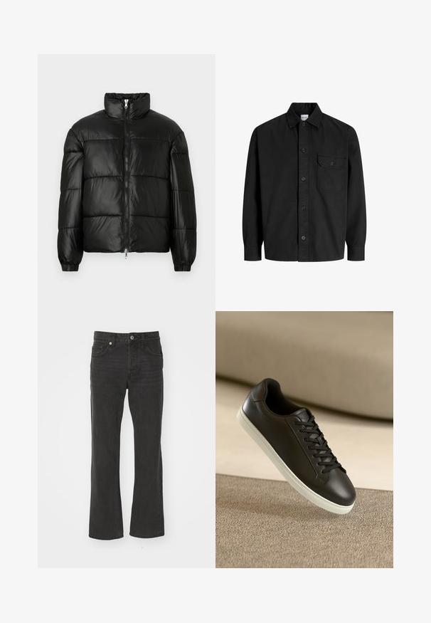 Giacca a vento nera con colletto alto, chiusura frontale con zip, design trapuntato, polsini elasticizzati e finitura in tessuto lucido e liscio.; Camicia nera a maniche lunghe con bottoni, colletto e una tasca sul petto con patella chiusa da un bottone.; Jeans neri a gamba dritta realizzati in denim con un classico design a cinque tasche e accessori in metallo. Tessuto liscio con una leggera elasticità.; Sneaker in pelle nera con suola in gomma bianca e lacci neri, posizionato su una superficie e sfondo in tessuto beige.