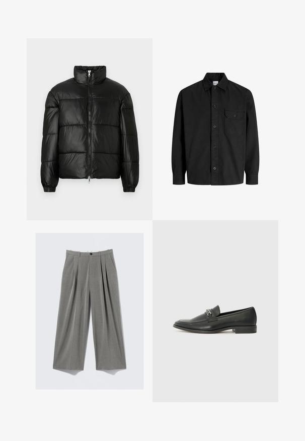 Schwarze Daunenjacke mit hohem Kragen, Reißverschluss vorne, gestepptem Design, elastischen Bündchen und glänzendem, glattem Stofffinish.; Schwarzes Langarm-Hemd mit Knopfleiste, Kragen und einer einzelnen Brusttasche mit knöpfbarem Deckel.; Grau gestreifte, weit geschnittene Anzughose mit vorderem Bundfalten, Gürtelschlaufen, Seitentaschen und einem schwarzen Knopfverschluss.; Schwarzer Lederloafer mit glatter Oberfläche, ausgestattet mit einer gesteppten Gestaltung und einem dekorativen Metallkettendetail über dem Vorderblatt. Flacher Absatz.