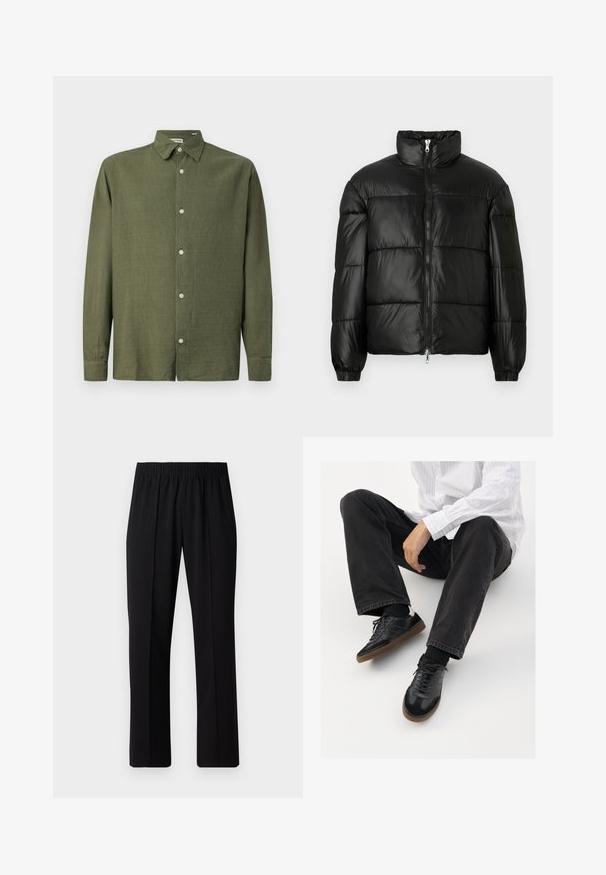 Μαύρο μπουφάν με φουσκωτό σχέδιο, ψηλό γιακά, κλείσιμο με φερμουάρ μπροστά, ραφές τύπου καπιτονέ, ελαστικές μανσέτες και γυαλιστερή, λεία υφή.; Ελαιόχρωμο πουκάμισο μακρυμάνικο από υφαντό ύφασμα. Διαθέτει κούμπωμα με κουμπιά μπροστά και κλασικό γιακά, με πέντε κουμπιά κατα μήκος του πάνελ.; Μαύρο παντελόνι με ελαστική μέση και ίσια γραμμή, με λεία υφή και χωρίς εμφανή σχέδια ή μεταλλικά στοιχεία.; Μαύρα αθλητικά παπούτσια με λείο και υφασμάτινο πάνω μέρος, διαθέτοντας καουτσούκ σόλα και σκούρες κορδόνες. Συνδυασμένα με μαύρα τζιν και λευκό πουκάμισο με ρίγες.