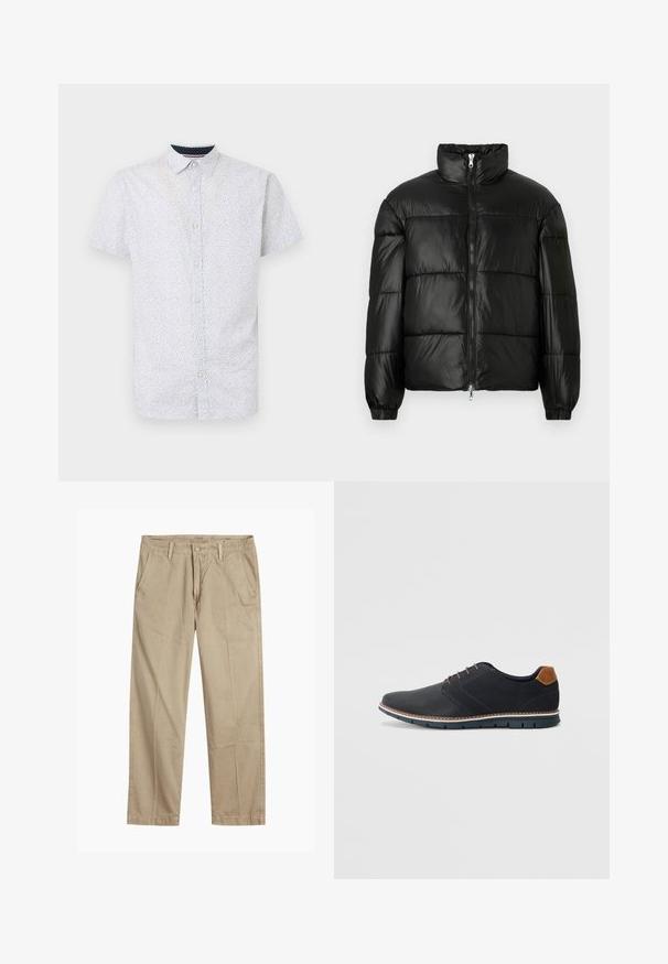 Juodas pūkinis švarkas su aukštu apykakle, užtrauktuko priekyje, siuvinėtu dizainu, elastingais rankogaliais ir blizgia, lygiąja audinio apdaila.; Šviesiai mėlynas trumpomis rankovėmis marškinėliai su mažų juodų taškų raštu, pasižymintys smailiu apykaklė ir tiesia apačia.; Bežiniai tiesaus kirpimo chinos kelnės su diržo kilputėmis, priekyje esančia mygtuko ir užtrauktuko uždarymo sistema, bei šoninėmis kišenėmis.; Juodi sintetiniai batai su tekstūruotu paviršiumi, lygiomis detalėmis, ruda kulna ir kontrastingu padu. Yra minimalus raištelių užsidėjimas ir siuvimo detalės.