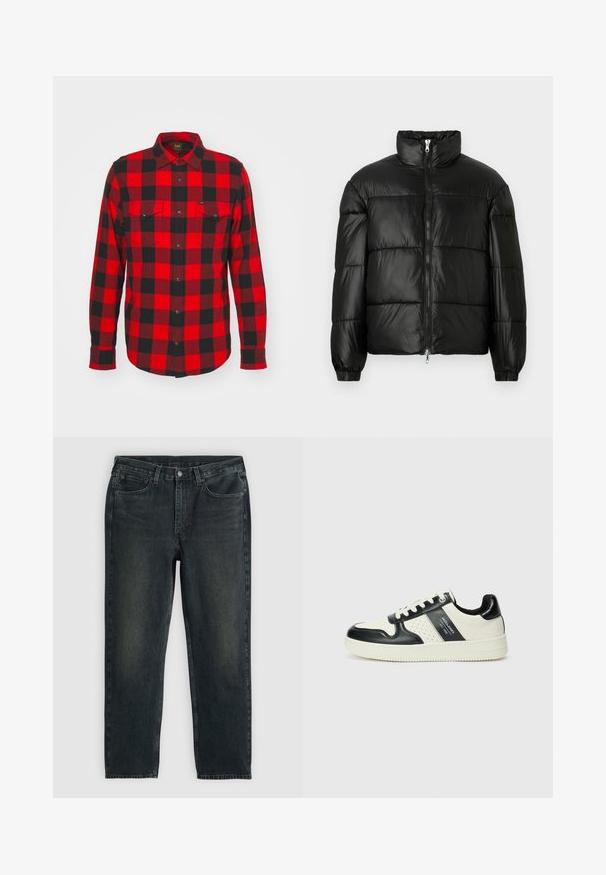 Casaco puffer preto com gola alta, fecho frontal em zíper, design acolchoado, punhos elásticos e acabamento de tecido brilhante e suave.; Camisa de flanela xadrez vermelho e preto, com mangas longas, de fecho em botão, com dois bolsos no peito, e um toque de tecido macio e escovado.; Calças de ganga pretas com corte reto, design de cinco bolsos e detalhes de desbotamento subtil. Apresentam um fecho de botão e zip.; Ténis de couro com um esquema de cores em preto e creme, apresentando detalhes perfurados, um colarinho acolchoado e uma sola texturizada.