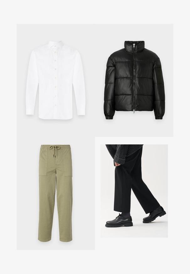 Juodas pūkinis švarkas su aukštu apykakle, užtrauktuko priekyje, siuvinėtu dizainu, elastingais rankogaliais ir blizgia, lygiąja audinio apdaila.; Balta ilga rankovė suknelė marškiniai pagaminti iš medvilnės, su klasikine apykakle ir mygtukų užsegimu. Turi aštuonis šviesios spalvos mygtukus palei mygtukų eilę.; Šviesiai alyvuogių žalios spalvos kelnės, pagamintos iš medvilnės mišinio, su elastingu liemeniu ir raišteliu, bei dviem didelėmis šoninėmis kišenėmis.; Juodos odinės kojinės su apvalia nosimi, raištelių dizainu ir storu, tekstūriniu padu. Dėvimos su pritaikytomis juodomis kelnėmis ir liniuotėmis megztiniu.