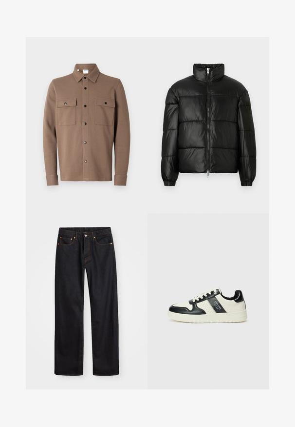 Black puffer jacket with a high collar, zip front closure, quilted design, elastic cuffs, and shiny, smooth fabric finish.; Brown button-up jacket made of textured fabric. Features a collar, two chest pockets with flaps, and black snap buttons.; Men’s straight-leg black denim jeans with five pockets and orange stitching, button and zip closure on front waistband.; Leather sneakers with a black and cream color scheme, featuring perforated accents, a padded collar, and a textured outsole.