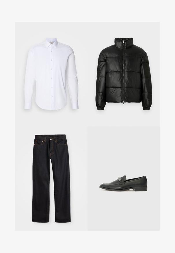Čierna páperová bunda s vysokým golierom, predným zipsom, prešívaným dizajnom, elastickými manžetami a lesklým hladkým materiálom.; Biela košeľa s dlhým rukávom vyrobená z hladkej bavlnenej tkaniny. Má špicatý golier, zapínanie na gombíky vpredu a zaoblený spodný lem. Bez vzorov alebo akcentov.; Pánske rovné čierne riflové nohavice s piatimi vreckami a oranžovým prešívaním, s gombíkom a zipsom na prednom páse.; Čierne kožené loafers s hladkým povrchom, s prešitým dizajnom a dekoratívnym kovovým reťazovým akcentom cez priehlavok. Plochý podpätok.