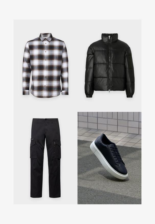Črna pufasta jakna z visokim ovratnikom, z zadrgo spredaj, prešito zasnovo, elastičnimi manšetami in sijočim, gladkim zaključkom tkanine.; Majica s dolgimi rokavi iz karirane tkanine v rjavih, črnih in belih odtenkih, z gumbasto ovratnikom in rjavimi gumbi iz mehkega materiala.; Črne cargo hlače z več žepi, z zadrgo na stegnu, ravnim krojem in trdnim bombažnim materialom z rahlo sijajem.; Črne usnjene superge z zaobljenim prstom in belim gumijastim podplat. Imajo ravne vezalke in minimalno šivanje na zgornjem delu. Teksturirani podplat za oprijem.