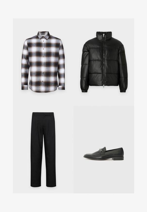 Juodas pūkinis švarkas su aukštu apykakle, užtrauktuko priekyje, siuvinėtu dizainu, elastingais rankogaliais ir blizgia, lygiąja audinio apdaila.; Ilga rankovėmis languota marškiniai, kuriuose vyrauja rudos, juodos ir baltos spalvos, su mygtukų apykakle ir rudais mygtukais minkšto audinio.; Juodi kelnių modeliai, pagaminti iš lygios medžiagos, turi tiesią kojas, du priekiniai klostės ir standartinę juosmenį su diržo kilpomis.; Juodos odinės loafer tipo bateliai su lygiu paviršiumi, turintys siuvinėtą dizainą ir dekoratyvų metalo grandinėlės akcentą ant batų viršaus. Plokščias kulnas.