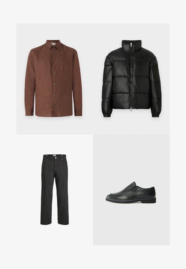 Crna puffer jakna s visokim ovratnikom, zatvaranjem na zip, quilted dizajnom, elastičnim manžetama i sjajnim, glatkim materijalom.; Smeđa lanena košulja dugih rukava s prednjim kopčanjem na dugmiće, raširenim ovratnikom i crnim dugmadi. Glatka tekstura s lagano naboranim izgledom.; Crne traperice ravnog kroja izrađene od pamuka, s klasičnim dizajnom od pet džepova, kopčanjem na gumb i suptilnim detaljima šivanja.; Crne kožne cipele na sklapanje s glatkom gornjom površinom, prošivenim detaljima, zaobljenim vrhom i niskim gumene potplate. Potplat ima minimalne uzorke.