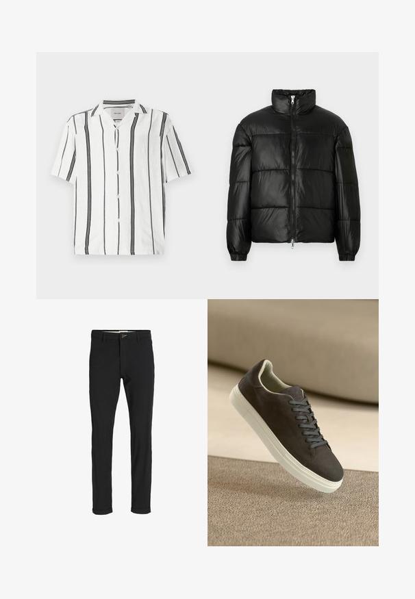 Mustat puffer-takki korkealla kauluksella, vetoketjukiinnitys edessä, tikattu malli, joustavat hihansuut ja kiiltävä, sileä kangasviimeistely.; Lyhythihainen valkoinen paita, jossa on mustia pystysuoria raitoja. Varustettu napitettavalla etupuolella ja lovetulla kauluksella. Valmistettu kevyestä kankaasta.; Mustat puuvillasekoitehousut, joissa on slim fit -leikkaus, napitus, taskut ja käärityt lahkeet rentoa ilmettä varten.; Tummanharmaa mokkainennilkkuri, jossa on samanväriset nauhat ja valkoinen kumipohja, aseteltuna teksturoidun beige-pinnan ylle pehmeällä taustalla.