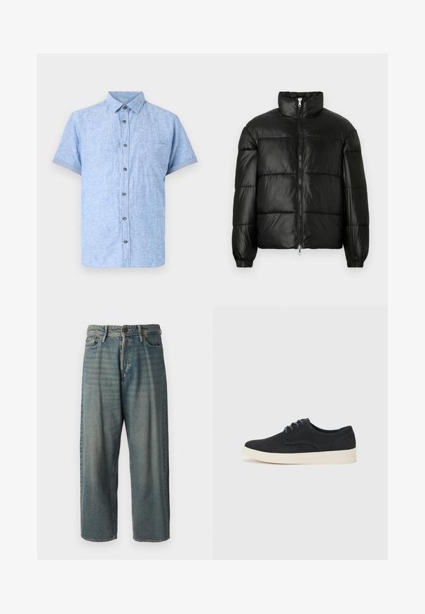 Black puffer jacket with a high collar, zip front closure, quilted design, elastic cuffs, and shiny, smooth fabric finish.; Light blue short-sleeve shirt made of a textured fabric, featuring a button-down front, a patch pocket, and rolled-up cuffs.; Light blue denim jeans with a loose fit, mid-rise waist, and straight legs. Features five pockets, belt loops, and a button closure.; Black suede lace-up shoe with a rounded toe, lightweight cream sole, and subtle blue stitching accents on the upper.