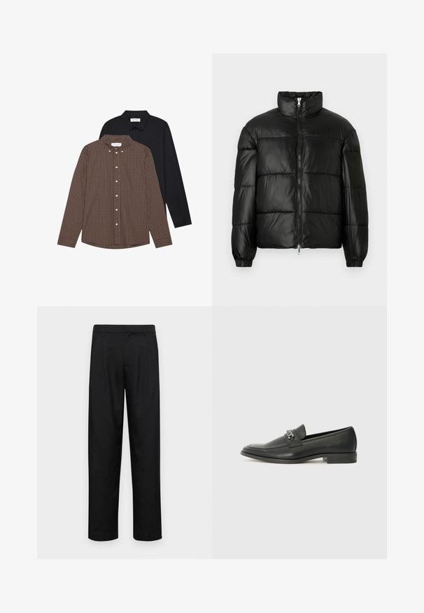 Black puffer jacket with a high collar, zip front closure, quilted design, elastic cuffs, and shiny, smooth fabric finish.; Two long-sleeve shirts: one brown checkered pattern with buttons and a black solid color. Both have button-down collars and cuffs.; Black trousers made of smooth fabric, featuring a straight-leg design, two front pleats, and standard waistband with belt loops.; Black leather loafer with a smooth finish, featuring a stitched design and a decorative metal chain accent across the vamp. Flat heel.