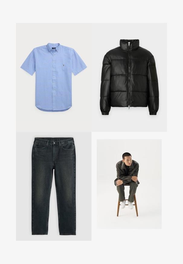 Casaco puffer preto com gola alta, fecho frontal em zíper, design acolchoado, punhos elásticos e acabamento de tecido brilhante e suave.; Camisa de manga curta, abotoada, em padrão de gingham azul claro e branco. Apresenta colarinho e um pequeno logótipo bordado no peito.; Jeans de denim azul-escuro com corte reto, apresentando cinco bolsos, fecho de zip e costura em contraste. Desgaste sutil no tecido.; Jaqueta de couro castanha com um colarinho largo, combinada com calças jeans verde-escuras e ténis brancos. O modelo está sentado em um banco de madeira.