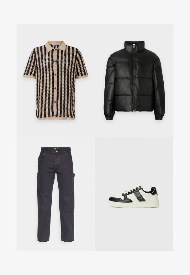 Giacca a vento nera con colletto alto, chiusura frontale con zip, design trapuntato, polsini elasticizzati e finitura in tessuto lucido e liscio.; Polo a maniche corte in beige e nero, con strisce verticali, colletto a costine e chiusura frontale con bottoni. Tessuto a maglia testurizzato.; Pantaloni cargo grigio scuro realizzati in tessuto resistente, con un taglio dritto, cinque tasche e chiusura a bottoni in vita.; Sneakers in pelle con una combinazione di colori nero e crema, dotati di dettagli perforati, collare imbottito e suola testurizzata.