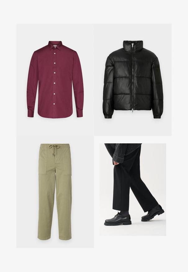 Giacca a vento nera con colletto alto, chiusura frontale con zip, design trapuntato, polsini elasticizzati e finitura in tessuto lucido e liscio.; Camicia bordeaux a maniche lunghe con bottoni, realizzata in cotone, con colletto classico, bottoni bianchi e orlo curvo. Texture liscia, vestibilità aderente.; Pantaloni verde oliva chiaro realizzati in tessuto misto cotone, con una vita elasticizzata e cordoncino, e due ampie tasche laterali.; Scarpe in pelle nera con punta arrotondata, design con lacci e suola spessa e texture. Indossate con pantaloni neri su misura e un maglione a coste.