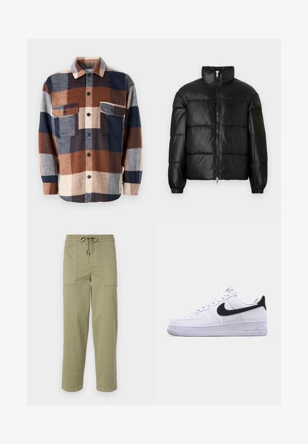 Black puffer jacket with a high collar, zip front closure, quilted design, elastic cuffs, and shiny, smooth fabric finish.; Checkered flannel shirt in brown, navy, and cream. Features a button-up front, two chest pockets, and a spread collar. Soft texture.; Light olive green pants made of cotton blend fabric, featuring an elastic waistband with drawstring, and two large side pockets.; White leather sneaker with a textured black Swoosh, flat laces, and a rubber sole featuring a ridged pattern. "AIR" is embossed on the heel.