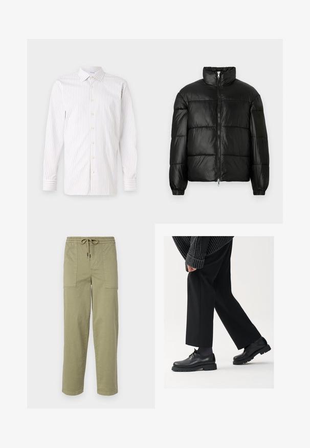 Casaco puffer preto com gola alta, fecho frontal em zíper, design acolchoado, punhos elásticos e acabamento de tecido brilhante e suave.; Camisa de dress com riscas claras, colarinho abotoado, mangas longas e botões perolados. Apresenta riscas finas alternadas em tons claros e escuros.; Calças verde-oliva claras feitas de um tecido de algodão misto, com um cós elástico com cordão e dois bolsos laterais grandes.; Sapatos de couro pretos com bico arredondado, design de atacadores e sola espessa e texturizada. Usados com calças pretas ajustadas e um suéter com nervuras.