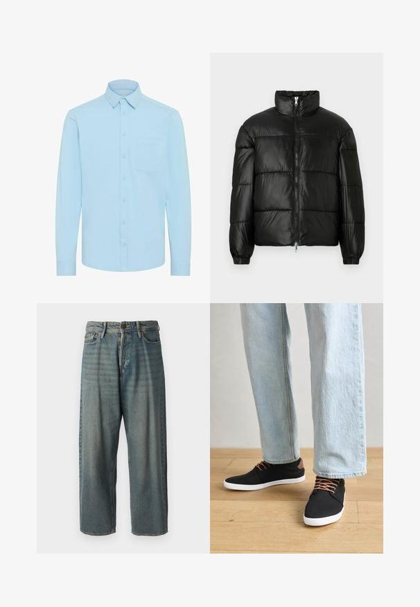 Juodas pūkinis švarkas su aukštu apykakle, užtrauktuko priekyje, siuvinėtu dizainu, elastingais rankogaliais ir blizgia, lygiąja audinio apdaila.; Šviesiai mėlynas marškiniai su ilgomis rankovėmis, klasikinio tipo apykaklė ir viena krūtinės kišenė. Pagaminti iš lygaus audinio su vienspalviu dizainu.; Šviesiai mėlyni džinsai su laisvu siluetu, vidutinio aukščio juosmeniu ir tiesiomis kojomis. Su penkiais kišenėmis, diržo kilpo ir mygtukų uždarymu.; Juodi drobės sportbačiai su rudos spalvos akcentais, baltais gumos padu, rudi raišteliai, derinami su šviesiai mėlynomis tiesiomis džinsinėmis kelnėmis. Medinis grindų fonas.