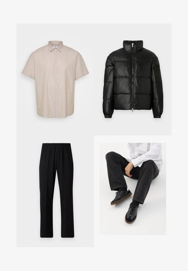 Zwarte pufferjack met een hoge kraag, ritsvoorzijde, gestikt ontwerp, elastische manchetten en een glanzende, gladde stofafwerking.; Korte mouwen, overhemd met kraag in lichtbeige linnen. Beschikt over een knoopsluiting aan de voorkant en een losse pasvorm met een gladde, gestructureerde oppervlakte.; Zwarte, elastische broek met rechte pijpen, met een gladde textuur en zonder zichtbare patronen of hardware.; Zwarte sneakers met een glad en textuur detail, voorzien van een rubberen zool en donkere veters. Gecombineerd met zwarte jeans en een wit gestreept shirt.