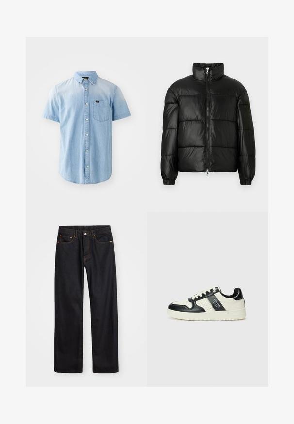 Schwarze Daunenjacke mit hohem Kragen, Reißverschluss vorne, gestepptem Design, elastischen Bündchen und glänzendem, glattem Stofffinish.; Kurzärmliges, hellblaues Jeanshemd mit knopflosem Frontverschluss, einer einzelnen Brusttasche und einem Kragen, aus einem weichen, glatten Material.; Herren gerade geschnittene schwarze Jeans aus Denim mit fünf Taschen und orangefarbenen Nähten, Knopf- und Reißverschluss vorne am Bund.; Leder-Sneaker in Schwarz- und Cremetönen, mit perforierten Akzenten, einem gepolsterten Kragen und einer strukturierten Laufsohle.