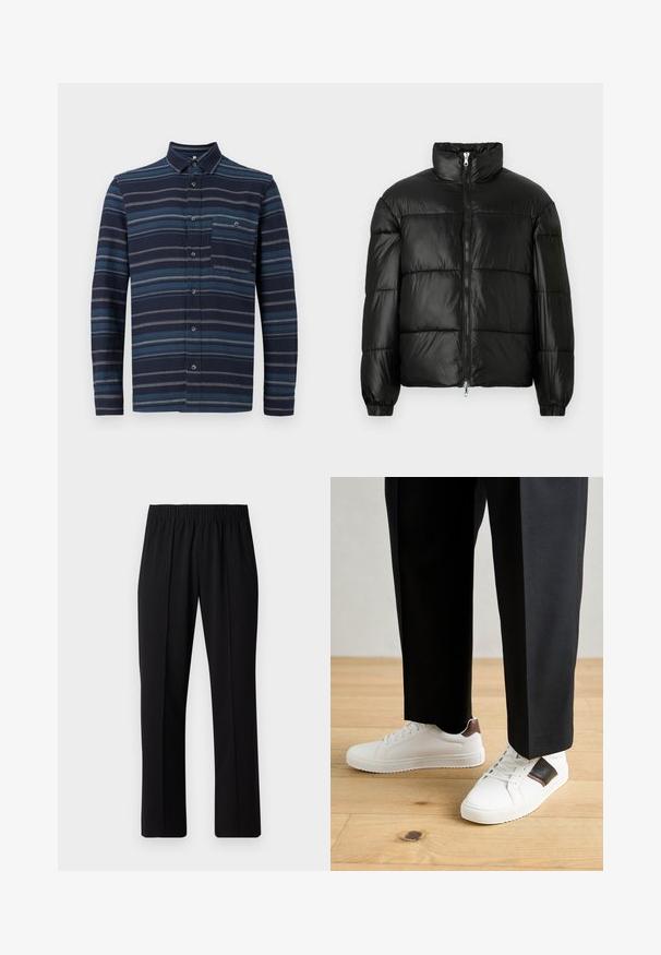Černá péřová bunda s vysokým límcem, zapínáním na zip, prošívaným designem, elastickými manžetami a lesklým, hladkým povrchem.; Košile s dlouhým rukávem a knoflíky, která má námořnické pozadí se střídajícími se modrými vodorovnými pruhy, límec a kapsu na prsou. Měkká textilie.; Černé kalhoty s elastickým pasem a rovnými nohavicemi, s hladkým povrchem a bez viditelných vzorů nebo kovových doplňků.; Bílé tenisky s hladkým povrchem, s hnědými koženými akcenty a černými detaily, kombinované s černými kalhotami na míru. Pozadí tvoří dřevěná podlaha.
