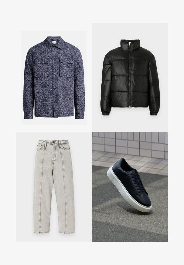 Giacca a vento nera con colletto alto, chiusura frontale con zip, design trapuntato, polsini elasticizzati e finitura in tessuto lucido e liscio.; Redefined Rebel BRYANT OVERSHIRT REGULAR FIT - Camicia - sky captain; Jeans grigi alti in vita con vestibilità ampia, caratterizzati da un design a gamba dritta, cuciture visibili e texture distressata.; Sneaker in pelle nera con punta arrotondata e suola in gomma bianca. Presenta lacci piatti e cuciture minime sulla parte superiore. Suola testurizzata per una migliore aderenza.