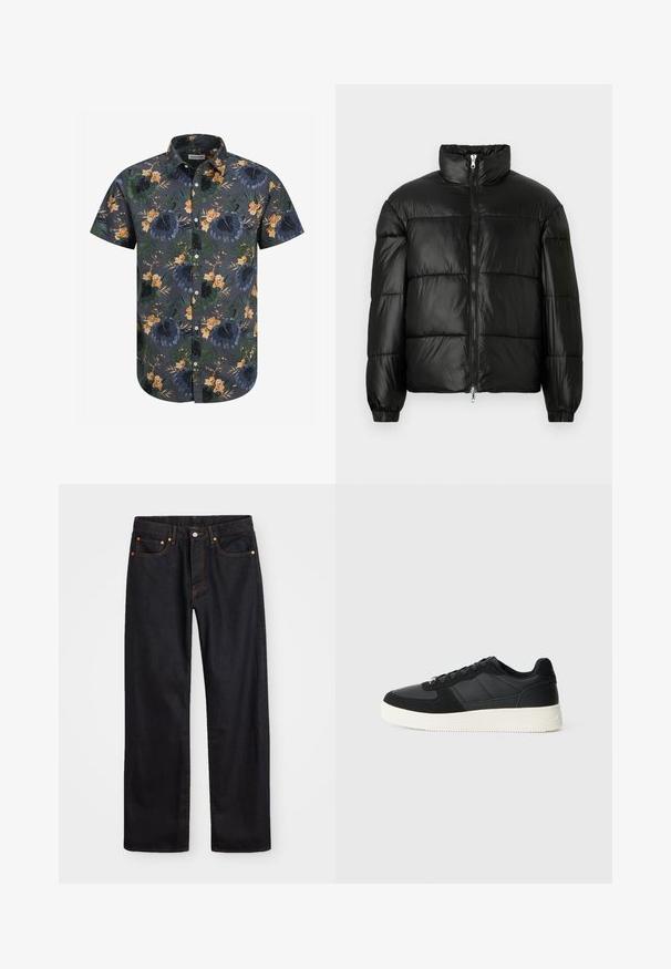 Juodas pūkinis švarkas su aukštu apykakle, užtrauktuko priekyje, siuvinėtu dizainu, elastingais rankogaliais ir blizgia, lygiąja audinio apdaila.; Trumpas rankovės marškiniai tamsiai pilkos spalvos audinyje su tropiniu gėlėmis raštu žaliomis, oranžinėmis ir geltonomis tonomis. Mygtukų užsegimas su apykakle.; Vyrų tiesaus kirpimo juodi džinsai iš denim medžiagos, su penkiomis kišenėmis ir oranžinėmis siūlėmis, su mygtuko ir užtrauktuko uždarymu ant priekio.; Juodos žemos kedai iš tekstūruotos odos ir zamšo plokštelių, su balta guma priekiu ir juodomis raištelėmis ant vientiso šviesaus fono.