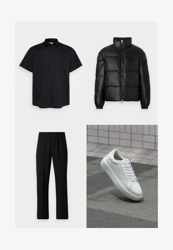 Giacca a vento nera con colletto alto, chiusura frontale con zip, design trapuntato, polsini elasticizzati e finitura in tessuto lucido e liscio.; Camicetta nera a maniche corte, design button-down, realizzata in tessuto liscio, presenta un colletto classico ed è tagliata per una vestibilità ampia.; Pantaloni neri con vita elasticizzata e design a gamba dritta, caratterizzati da una texture liscia e senza motivi o hardware visibili.; Sneaker bianco in pelle con superficie liscia, punta rotonda e lacci piatti bianchi. Presenta una suola in gomma texturizzata e un design minimale.