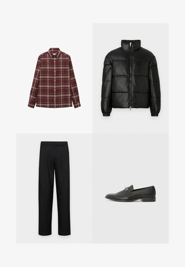 Giacca a vento nera con colletto alto, chiusura frontale con zip, design trapuntato, polsini elasticizzati e finitura in tessuto lucido e liscio.; Camicia a scacchi bordeaux con maniche lunghe, apertura frontale con bottoni e taschino sul petto. Presenta righe bianche e gialle in un motivo a quadri.; Pantaloni neri realizzati in tessuto liscio, caratterizzati da un taglio dritto, due pieghe frontali e una vita standard con passanti per la cintura.; Mocassino in pelle nera con finitura liscia, caratterizzato da un design cucito e da un accento decorativo in catena metallica sul vamp. Tacco piatto.