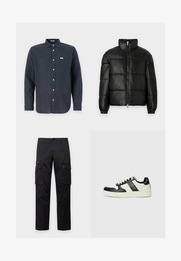 Črna pufasta jakna z visokim ovratnikom, z zadrgo spredaj, prešito zasnovo, elastičnimi manšetami in sijočim, gladkim zaključkom tkanine.; Temno modra srajca z dolgimi rokavi iz lanenega materiala z ovratnikom s gumbi, sprednjim žepom in belimi gumbi. Na žepu je logo Wrangler.; Črne cargo hlače z več žepi, z zadrgo na stegnu, ravnim krojem in trdnim bombažnim materialom z rahlo sijajem.; Usnjeni športni čevlji z črno in krem barvno shemo, ki vključujejo perforirane dodatke, podložen ovratnik in strukturirano podplat.