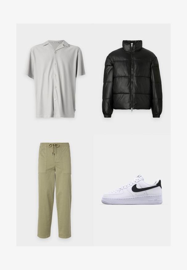 Black puffer jacket with a high collar, zip front closure, quilted design, elastic cuffs, and shiny, smooth fabric finish.; Short-sleeve, light gray button-up shirt made of ribbed fabric, featuring a relaxed fit, a collar, and five metallic buttons down the front.; Light olive green pants made of cotton blend fabric, featuring an elastic waistband with drawstring, and two large side pockets.; White leather sneaker with a textured black Swoosh, flat laces, and a rubber sole featuring a ridged pattern. "AIR" is embossed on the heel.