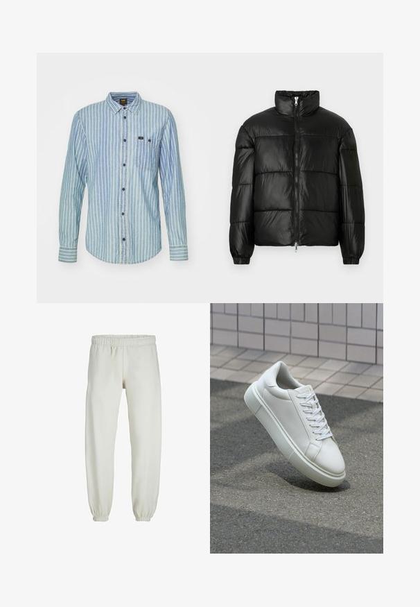 Giacca a vento nera con colletto alto, chiusura frontale con zip, design trapuntato, polsini elasticizzati e finitura in tessuto lucido e liscio.; Camicia a maniche lunghe azzurro chiaro in denim, con strisce verticali bianche, colletto a punta, tasca frontale e bottoni scuri.; Pantaloni tuta bianchi realizzati in tessuto morbido, dotati di vita e polsini elastici, con una texture liscia e una vestibilità ampia.; Sneaker bianco in pelle con superficie liscia, punta rotonda e lacci piatti bianchi. Presenta una suola in gomma texturizzata e un design minimale.