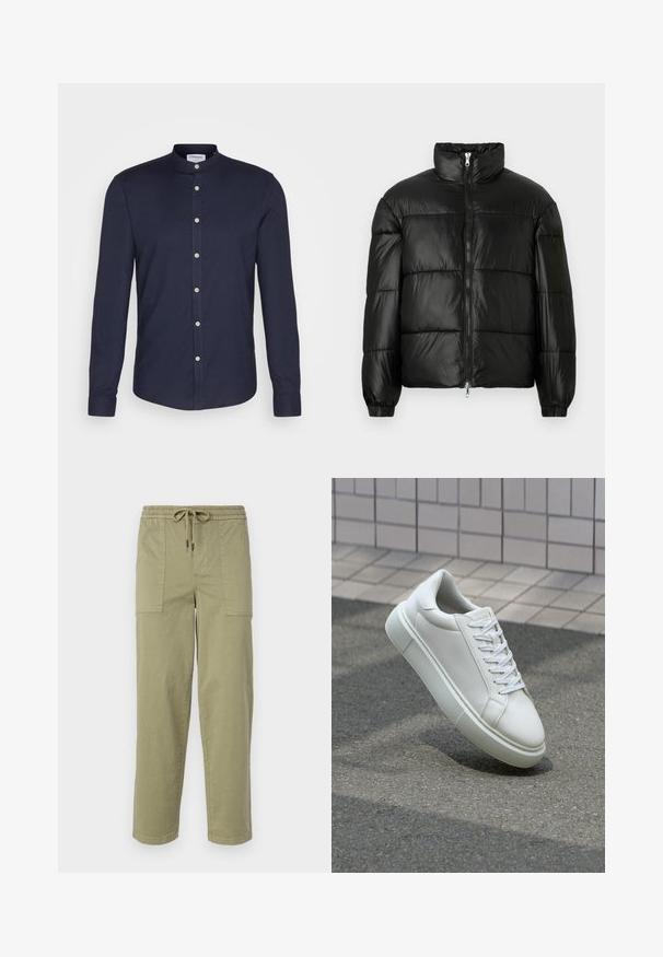 Svart pufferjakke med høy krage, glidelås foran, quiltet design, elastiske mansjetter og blank, glatt stofffinish.; Mørkeblå langermet skjorte med ståkrage, frontlukking med knapper og mansjetter med to knapper. Laget av et glatt, teksturert stoff.; Lys olivengrønne bukser laget av bomullsblandingsstoff, med elastisk midje og snor, samt to store sidelommer.; Hvit lær sneaker med glatt overflate, rund tå og flate hvite snøringer. Har en teksturert gummisåle og minimale design elementer.