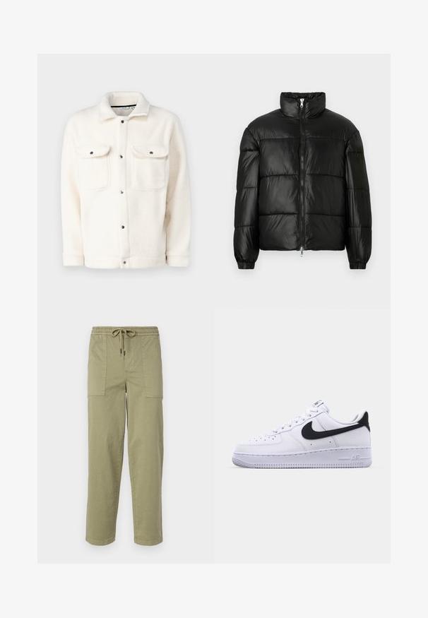 Black puffer jacket with a high collar, zip front closure, quilted design, elastic cuffs, and shiny, smooth fabric finish.; Fleece jacket in off-white with button closure, two chest pockets, and a shirt collar. Features a textured surface and rounded cuffs.; Light olive green pants made of cotton blend fabric, featuring an elastic waistband with drawstring, and two large side pockets.; White leather sneaker with a textured black Swoosh, flat laces, and a rubber sole featuring a ridged pattern. "AIR" is embossed on the heel.