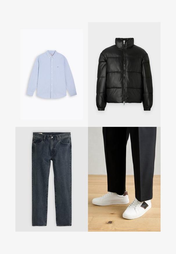 Zwarte pufferjack met een hoge kraag, ritsvoorzijde, gestikt ontwerp, elastische manchetten en een glanzende, gladde stofafwerking.; Overhemd met blauwe en witte verticale strepen, lange mouwen, kraag en een klein geborduurd logo op de borst. Gemaakt van katoen.; Donkerblauwe denim jeans met een recht model, vijf zakken en een knoopsluiting. De stof toont een subtiele vervaging en textuur.; Witte sneakers met een gladde textuur, voorzien van bruine lederen accenten en zwarte details, gecombineerd met zwarte maatpakken. Achtergrond van houten vloeren.