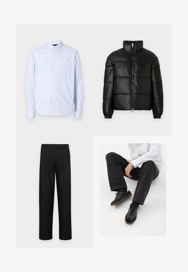 Zwarte pufferjack met een hoge kraag, ritsvoorzijde, gestikt ontwerp, elastische manchetten en een glanzende, gladde stofafwerking.; Lichtblauw en witte verticaal gestreepte button-up shirt. Heeft een kraag, lange mouwen en een borstzak. Gemaakt van geweven stof.; Zwarte broeken van gladde stof, met een recht model, twee voorknikken en een standaard tailleband met riemlussen.; Zwarte sneakers met een glad en textuur detail, voorzien van een rubberen zool en donkere veters. Gecombineerd met zwarte jeans en een wit gestreept shirt.
