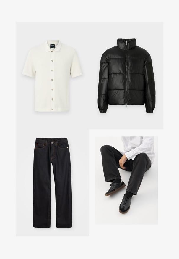 Geacă neagră din material puffy, cu guler înalt, închidere cu fermoar pe față, design matlasat, mansete elastice și finisaj din țesătură lucioasă și netedă.; Tricou polo tricotat în off-white, cu un model texturat, mâneci scurte, un guler plat și un închidere cu butoane contrastante.; Jeans negri din denim pentru bărbați, cu croială dreaptă, cinci buzunare și cusături portocalii, închidere cu nasture și fermoar pe talie.; Adidași negri cu un model neted și texturat, având o talpă din cauciuc și șireturi închise la culoare. Asortați cu blugi negri și o cămașă albă cu dungi.