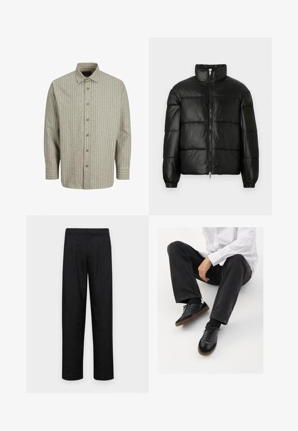 Mustat puffer-takki korkealla kauluksella, vetoketjukiinnitys edessä, tikattu malli, joustavat hihansuut ja kiiltävä, sileä kangasviimeistely.; Napapaita, joka on valmistettu kevyestä kankaasta ja jossa on vaaleanbeige ja tummansininen ruutukuosi, leveä kaulus ja puiset napit.; Mustat housut, jotka on valmistettu sileästä kankaasta, suoran lahkeen muotoilulla, kahdella etupleekillä ja tavanomaisella vyötäröllä, jossa on vyölenkit.; Mustat tennarit, joissa on sileä ja teksturoitu päällyste, varustettuna kumipohjalla ja tummilla nauhoilla. Yhdistetty mustiin farkkuihin ja valko-raitaiseen paitaan.